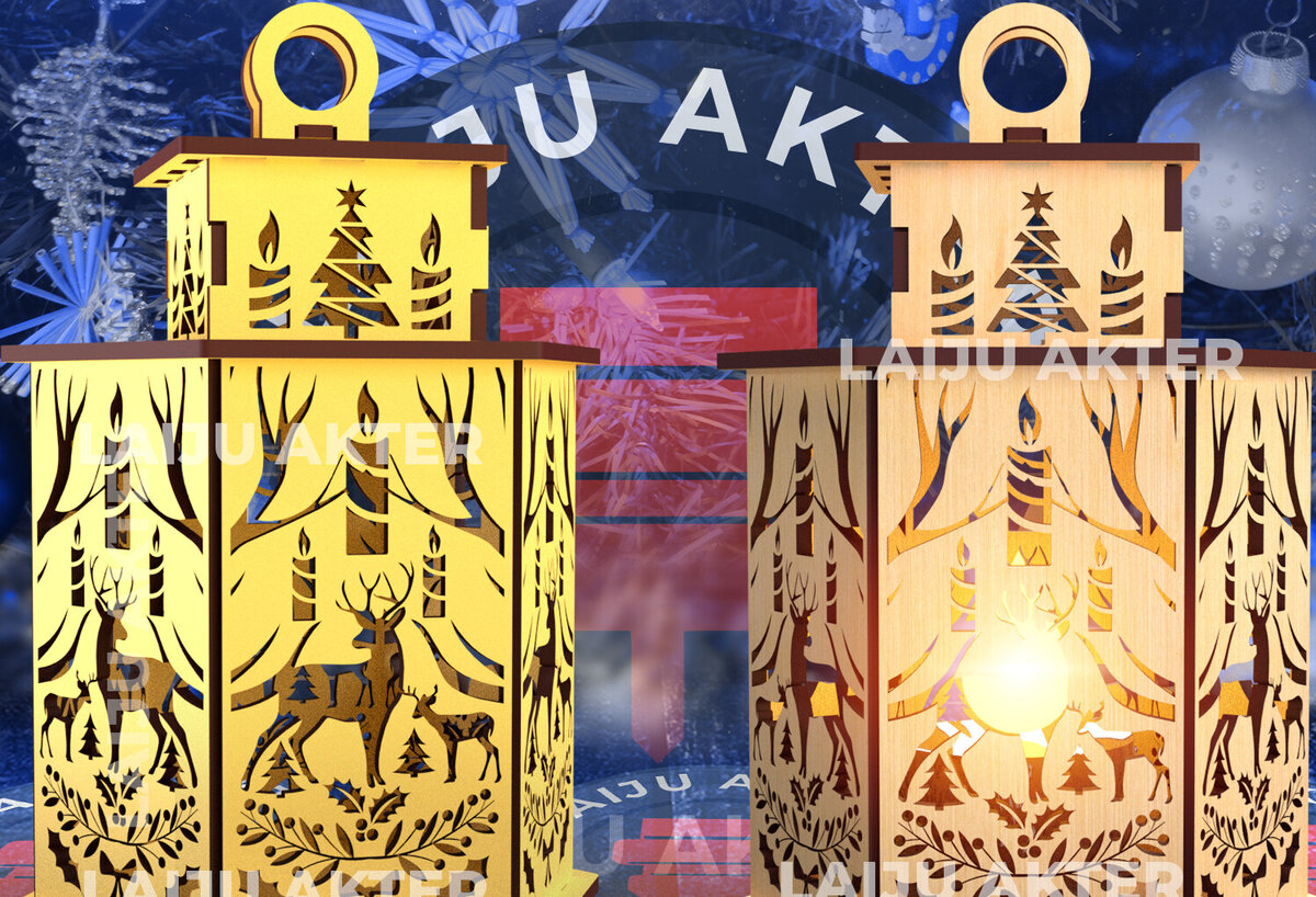 Σετ των 2 Intra απο ξύλο plywood 3mm-4mm πάχος Τρισδιάστατο Χριστουγεννιάτικο Φανάρι με λέιζερ 06 Δίασταση 15x15 cm INTRAFABR-84703236