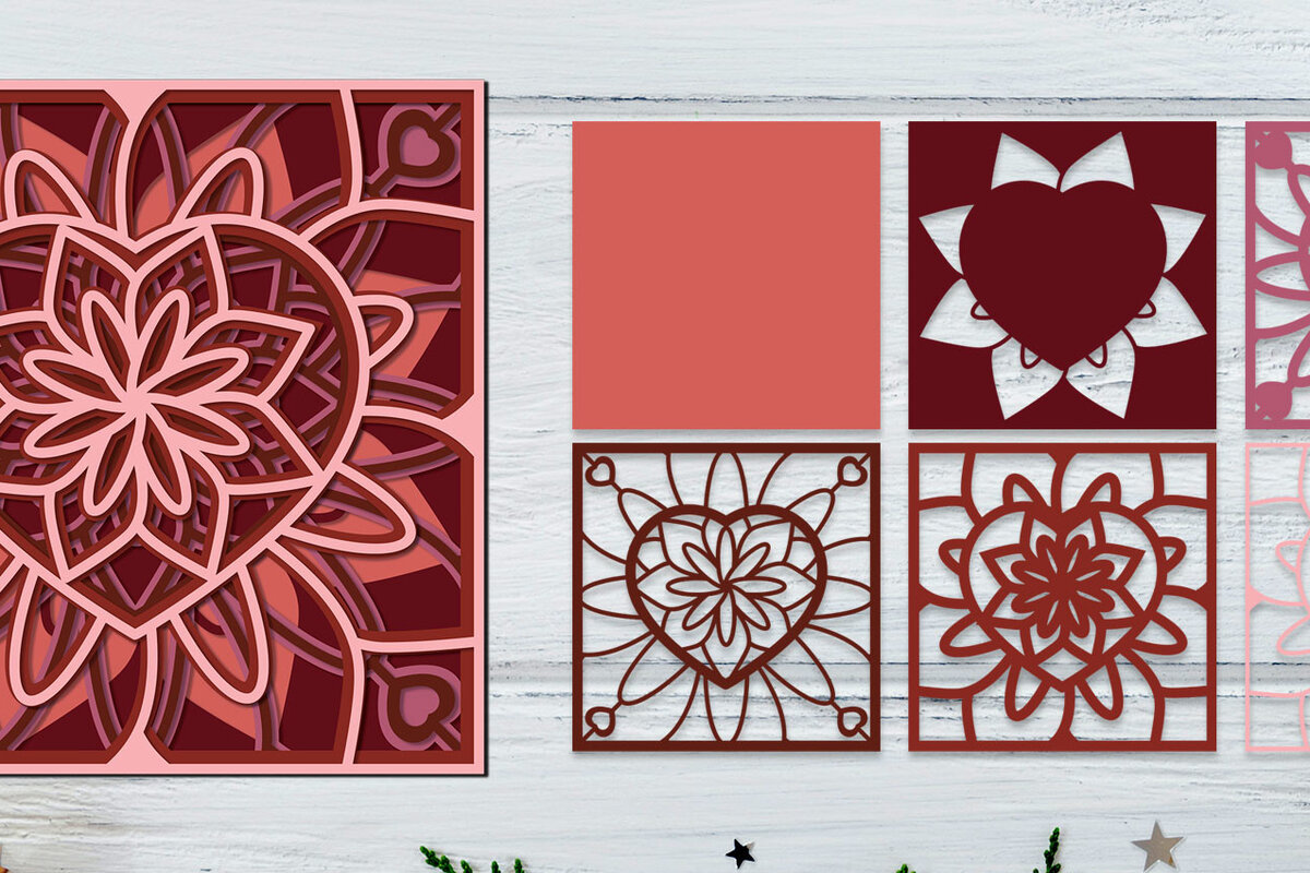 Σετ των 2 Intra απο ξύλο plywood 3mm-4mm πάχος 3D Heart Mandala, 3D Layered Δίασταση 30x30 cm INTRAFABR-57321402