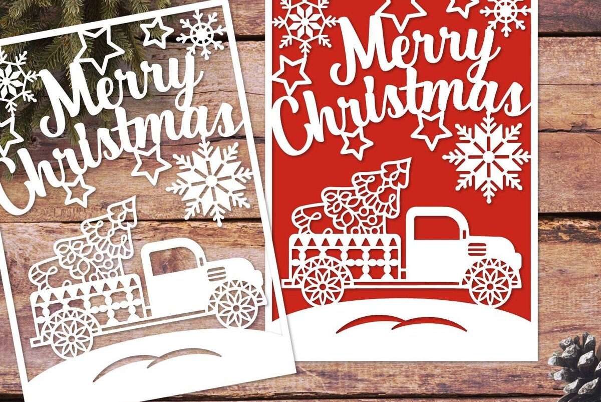 Σετ των 2 Intra απο ξύλο plywood 3mm-4mm πάχος τρισδιάστατο φορτηγό με κάρτα Χριστουγεννιάτικου Δέντρου Δίασταση 15x15 cm INTRAFABR-45379779