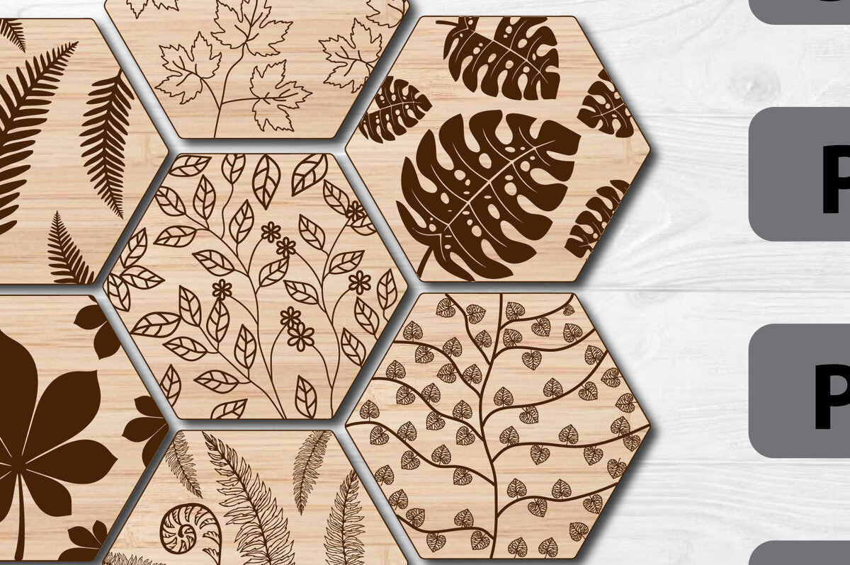 Σετ των 2 Intra απο ξύλο plywood 3mm-4mm πάχος Σουβέρ με 7 εξάγωνα φύλλα Δίασταση 15x15 cm INTRAFABR-66931460