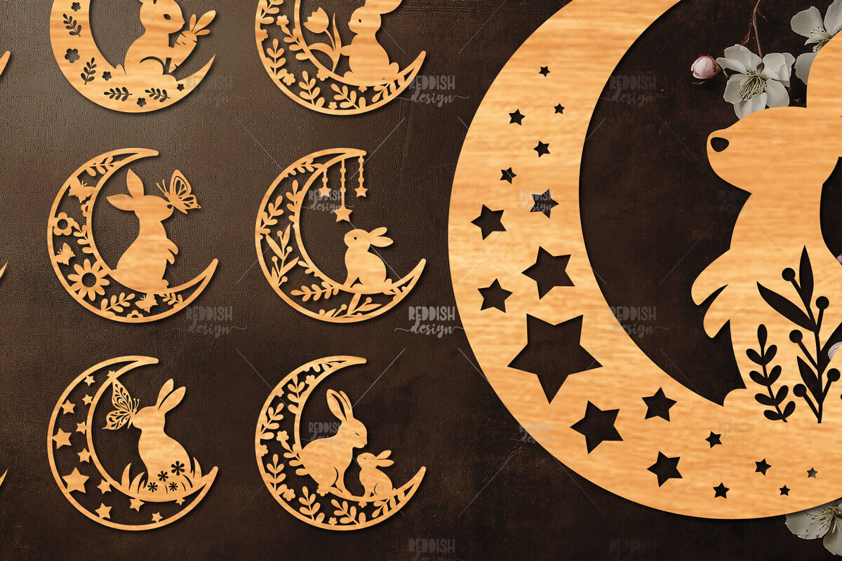 Σετ των 2 Intra απο ξύλο plywood 3mm-4mm πάχος Σχέδιο κοπής με λέιζερ 9 Moon Bunny Δίασταση 15x15 cm INTRAFABR-118882410
