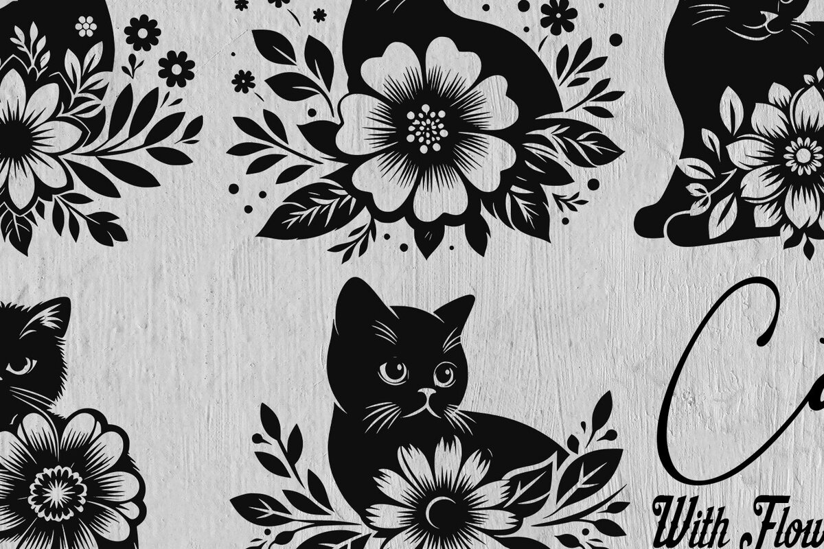 Intra απο ξύλο plywood 3mm-4mm πάχος 94 Γάτα με λουλούδια δέσμη διάνυσμα Δίασταση 40x40 cm INTRAFABR-102943557
