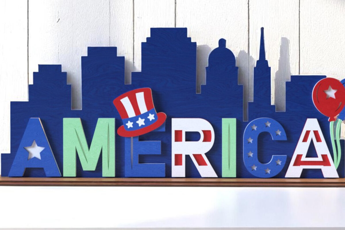 Σετ των 3 Intra απο ξύλο plywood 3mm-4mm πάχος America Skyline 4 Ιουλίου Δίασταση 8x8 cm INTRAFABR-123614267