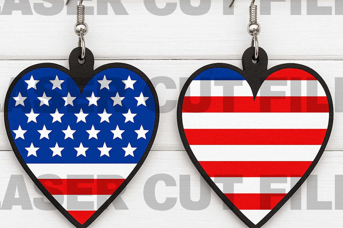 Σετ των 3 Intra απο ξύλο plywood 3mm-4mm πάχος Σκουλαρίκια καρδιάς American Flag Δίασταση 3x3 cm INTRAFABR-122673541