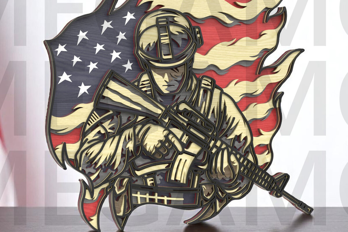 Intra απο ξύλο plywood 3mm-4mm πάχος Αμερικανός στρατιώτης με τη σημαία των ΗΠΑ - Δίασταση 40x40 cm INTRAFABR-122866094