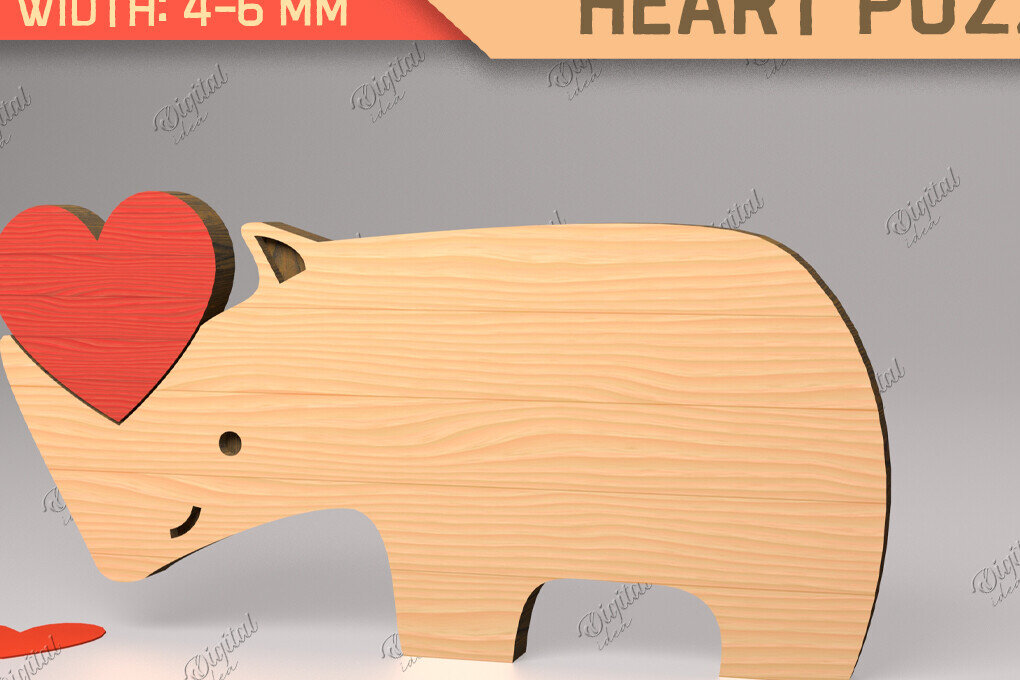 Σετ των 2 Intra απο ξύλο plywood 3mm-4mm πάχος Animal Heart Puzzle . Ρινόκερως Δίασταση 15x15 cm INTRAFABR-85983622