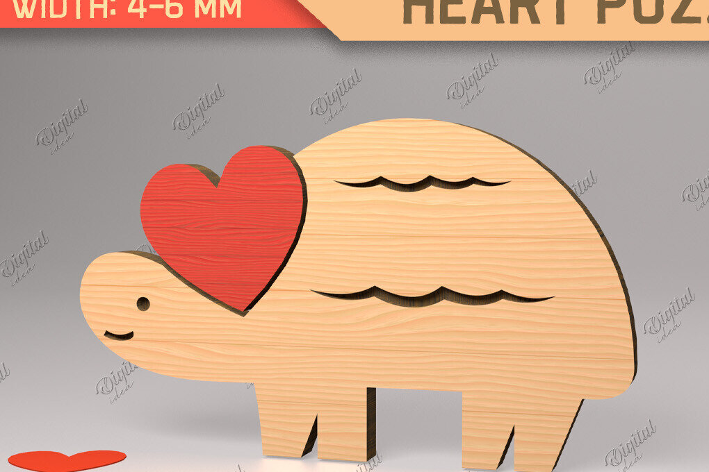Σετ των 2 Intra απο ξύλο plywood 3mm-4mm πάχος Animal Heart Puzzle . Χελώνα Δίασταση 15x15 cm INTRAFABR-85983850