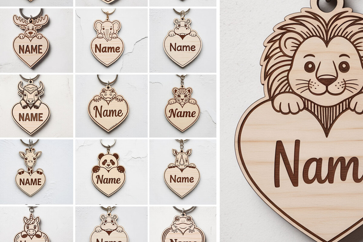 Σετ των 3 Intra απο ξύλο plywood 3mm-4mm πάχος Mega Keychain με όνομα ζώου Δίασταση 6x6 cm INTRAFABR-122896174