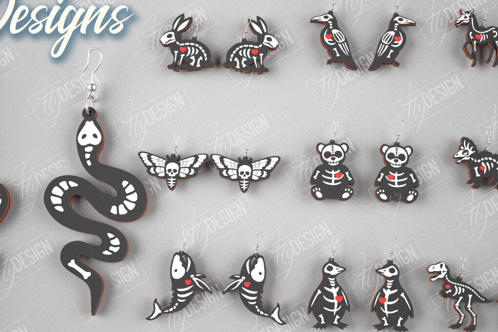 Σετ των 3 Intra απο ξύλο plywood 3mm-4mm πάχος σκουλαρίκια με σκελετούς ζώων | CNC Δίασταση 3x3 cm INTRAFABR-105272081