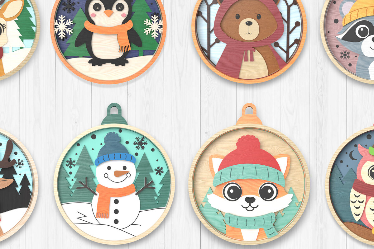 Σετ των 3 Intra απο ξύλο plywood 3mm-4mm πάχος κοπής με λέιζερ Χειμερινό στολίδι Animals Δίασταση 8x8 cm INTRAFABR-106511950