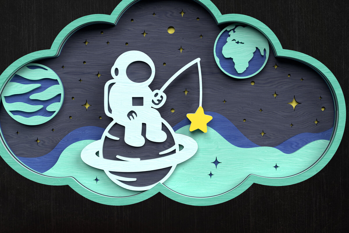 Σετ των 3 Intra απο ξύλο plywood 3mm-4mm πάχος Astronaut Fishing for Stars Layered Δίασταση 8x8 cm INTRAFABR-121273419