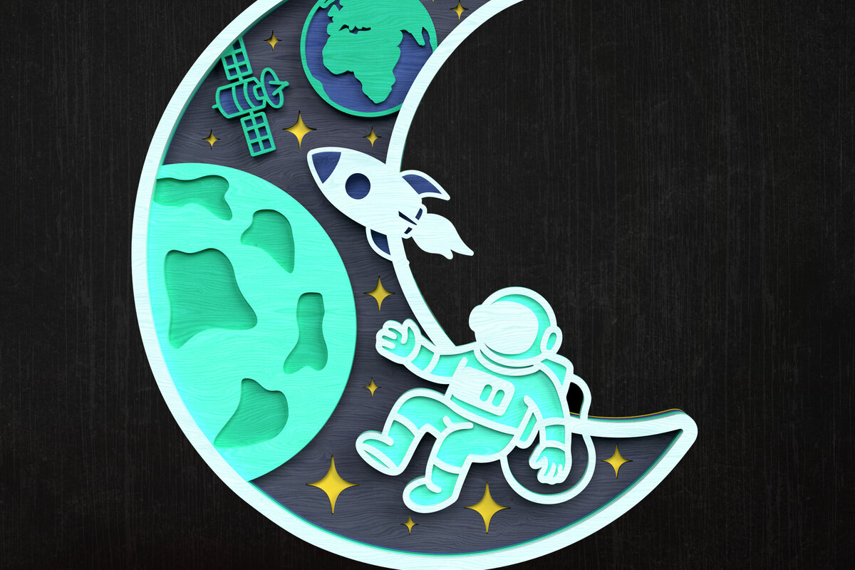 Σετ των 3 Intra απο ξύλο plywood 3mm-4mm πάχος Ο αστροναύτης στο φεγγάρι με στρώματα Δίασταση 8x8 cm INTRAFABR-121273623