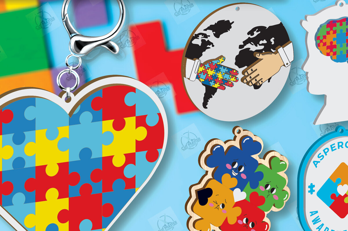 Σετ των 3 Intra απο ξύλο plywood 3mm-4mm πάχος Keychain Autism Awareness Δίασταση 6x6 cm INTRAFABR-116604744