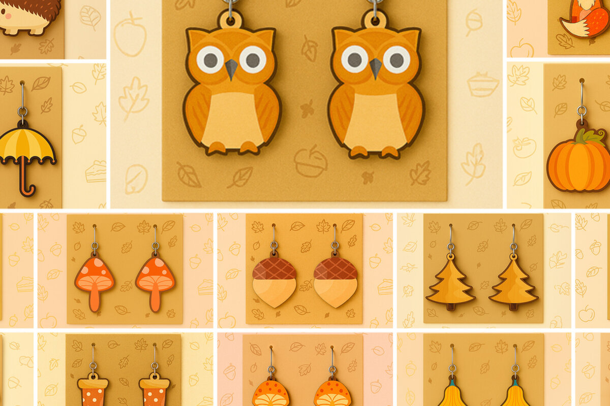 Σετ των 3 Intra απο ξύλο plywood 3mm-4mm πάχος με φθινοπωρινά σκουλαρίκια Δίασταση 2x2 cm INTRAFABR-125310831