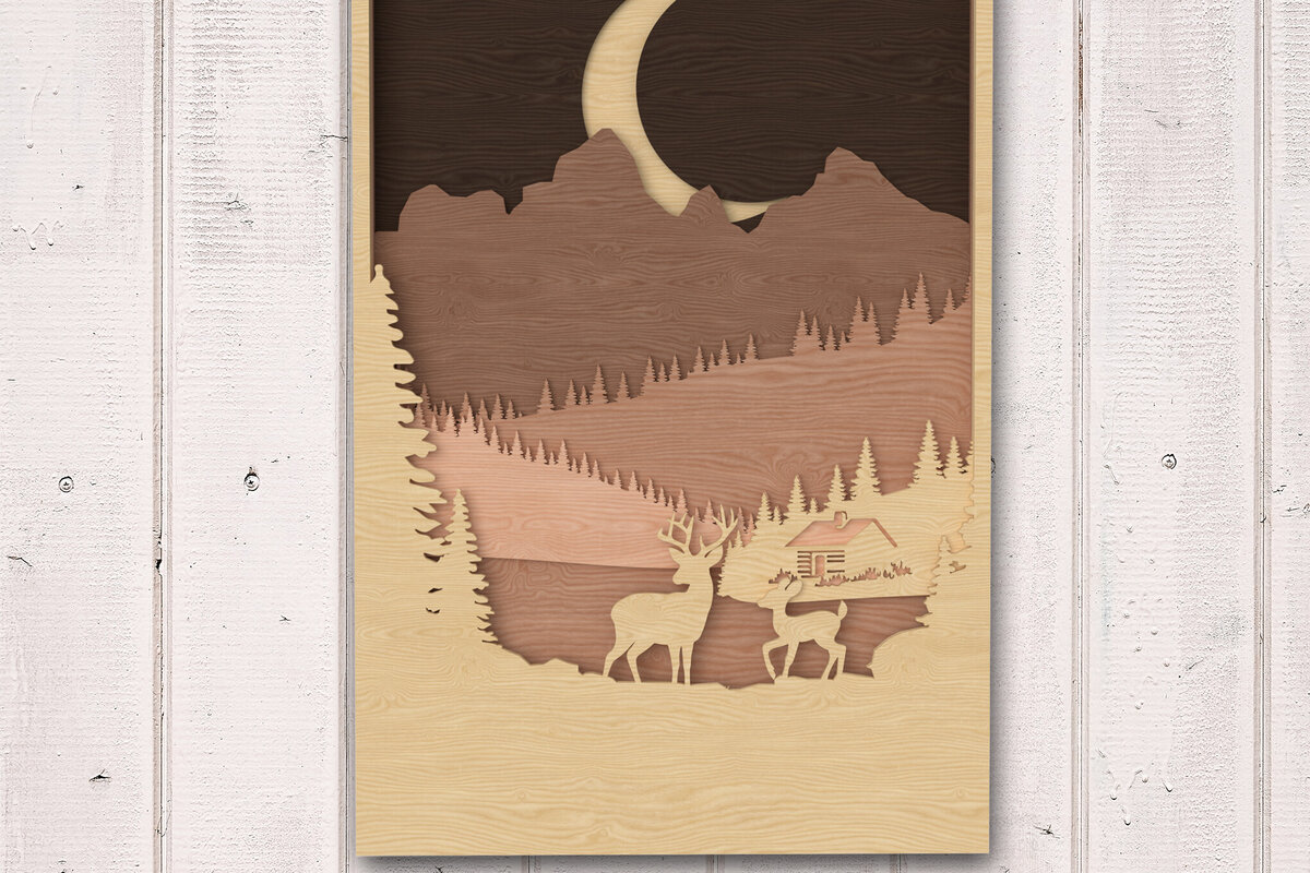 Intra απο ξύλο plywood 3mm-4mm πάχος Ayered Deer και Moonlit Mountain Wall Δίασταση 30x20 cm INTRAFABR-113766140