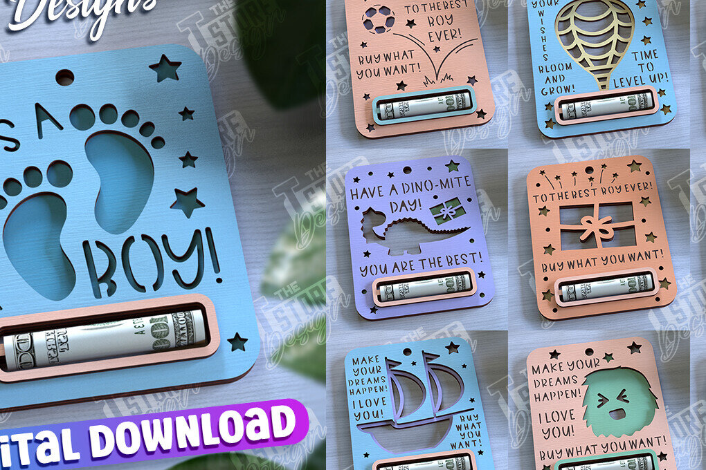 Σετ των 2 Intra απο ξύλο plywood 3mm-4mm πάχος κοπής με λέιζερ με κάρτα Money Boy Baby Boy Δίασταση 10x20 cm INTRAFABR-97159087