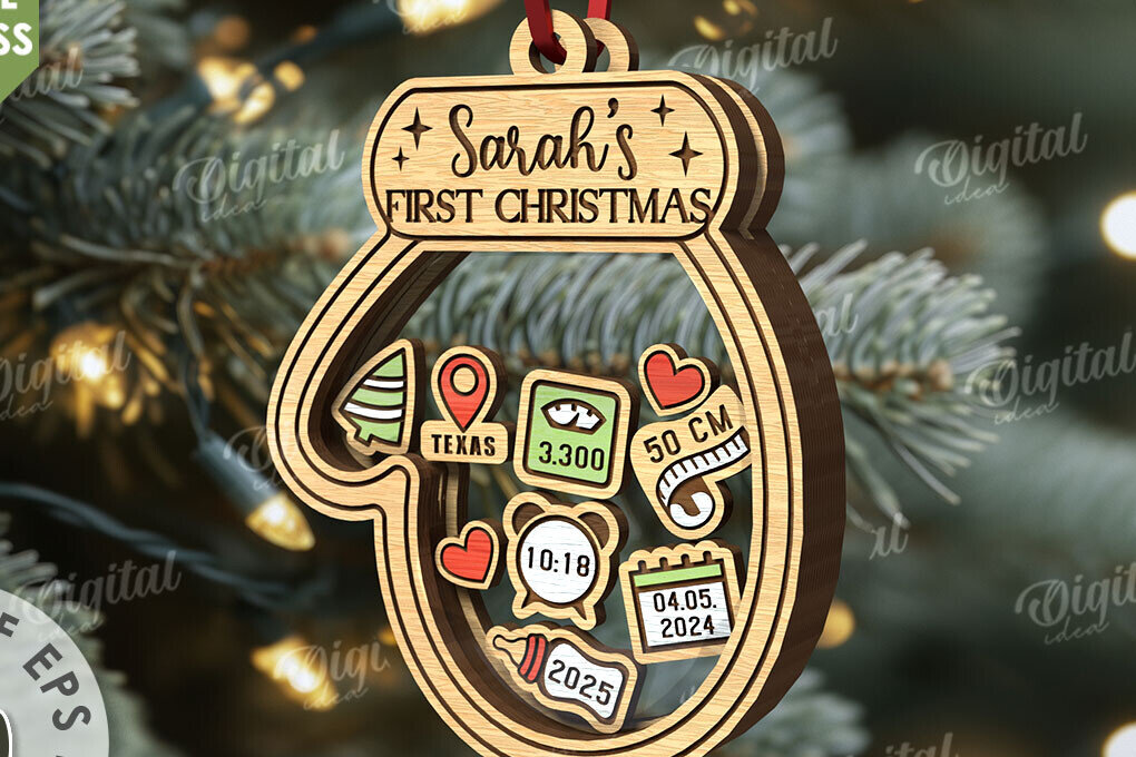 Σετ των 3 Intra απο ξύλο plywood 3mm-4mm πάχος Πρώτο χριστουγεννιάτικο στολίδι μωρού με λέιζερ Δίασταση 8x8 cm INTRAFABR-110676444