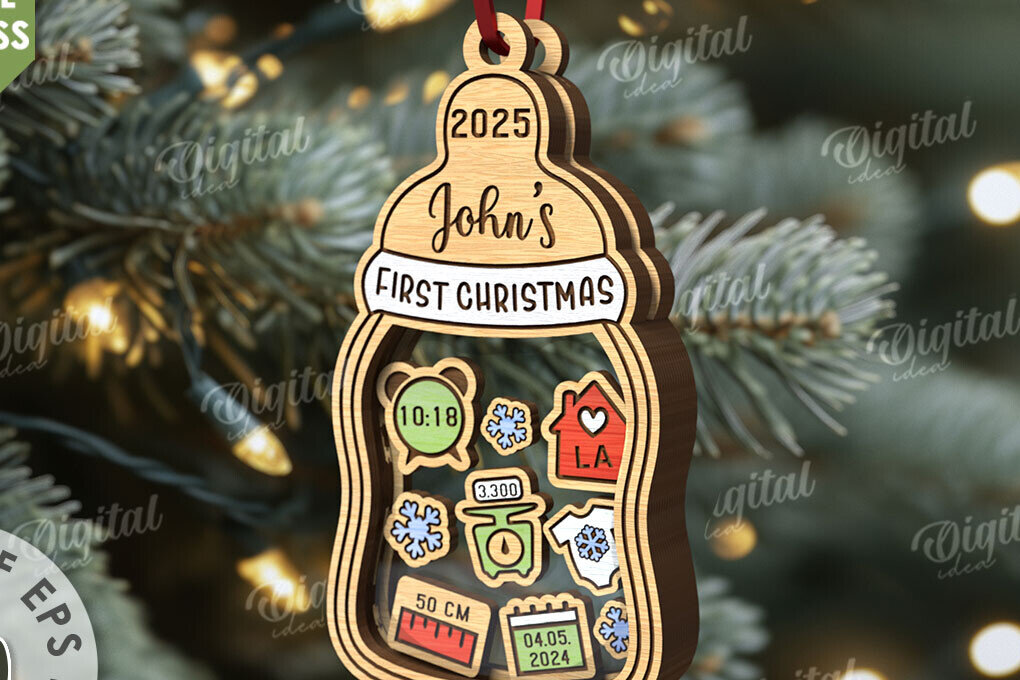 Σετ των 3 Intra απο ξύλο plywood 3mm-4mm πάχος Πρώτο χριστουγεννιάτικο στολίδι μωρού με λέιζερ Δίασταση 8x8 cm INTRAFABR-110676498