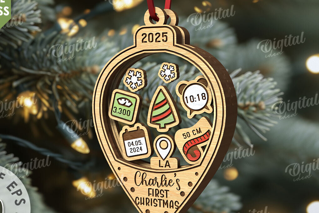 Σετ των 3 Intra απο ξύλο plywood 3mm-4mm πάχος Πρώτο χριστουγεννιάτικο στολίδι μωρού με λέιζερ Δίασταση 8x8 cm INTRAFABR-110676589