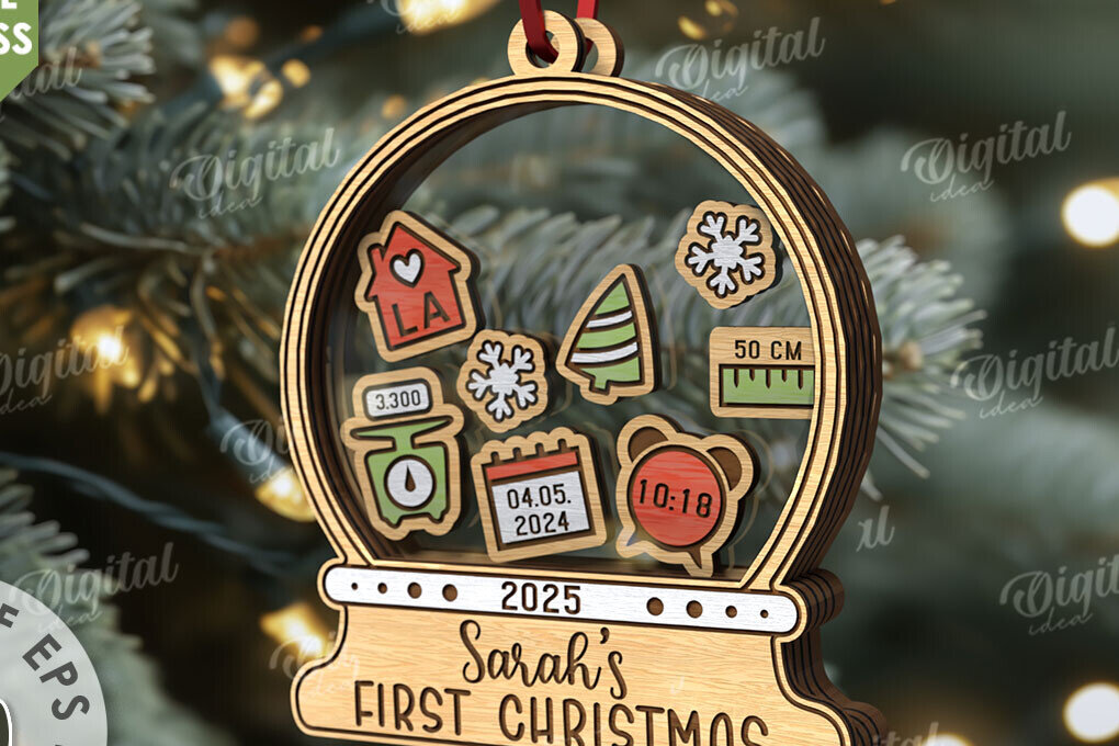 Σετ των 3 Intra απο ξύλο plywood 3mm-4mm πάχος Πρώτο χριστουγεννιάτικο στολίδι μωρού με λέιζερ Δίασταση 8x8 cm INTRAFABR-110675985