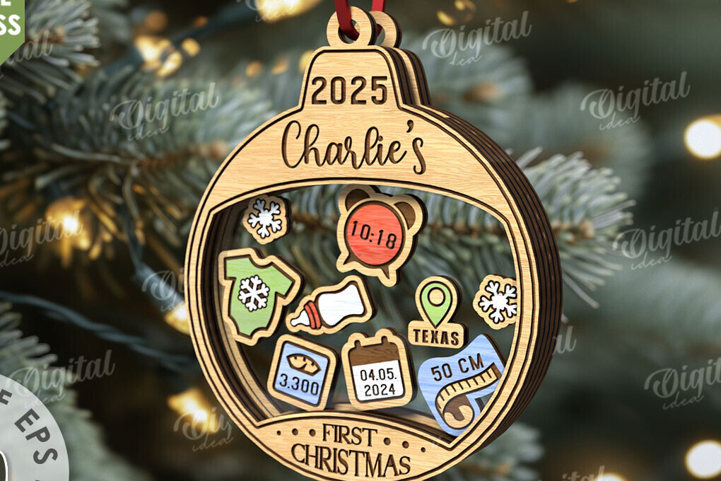 Σετ των 3 Intra απο ξύλο plywood 3mm-4mm πάχος Πρώτο χριστουγεννιάτικο στολίδι μωρού με λέιζερ Δίασταση 8x8 cm INTRAFABR-110676063