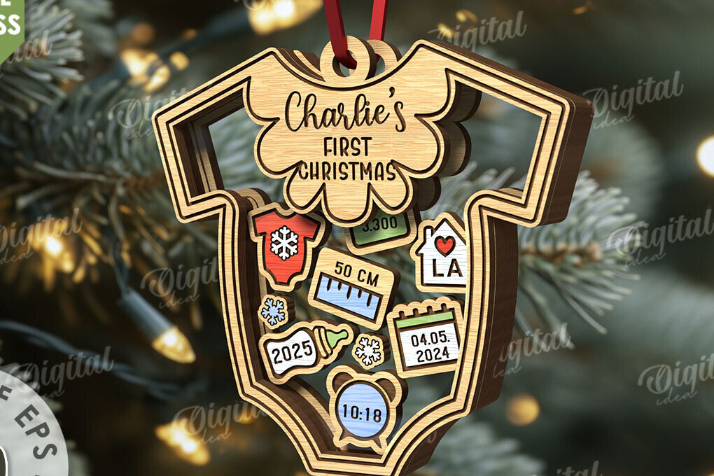 Σετ των 3 Intra απο ξύλο plywood 3mm-4mm πάχος Πρώτο χριστουγεννιάτικο στολίδι μωρού με λέιζερ Δίασταση 8x8 cm INTRAFABR-110676282