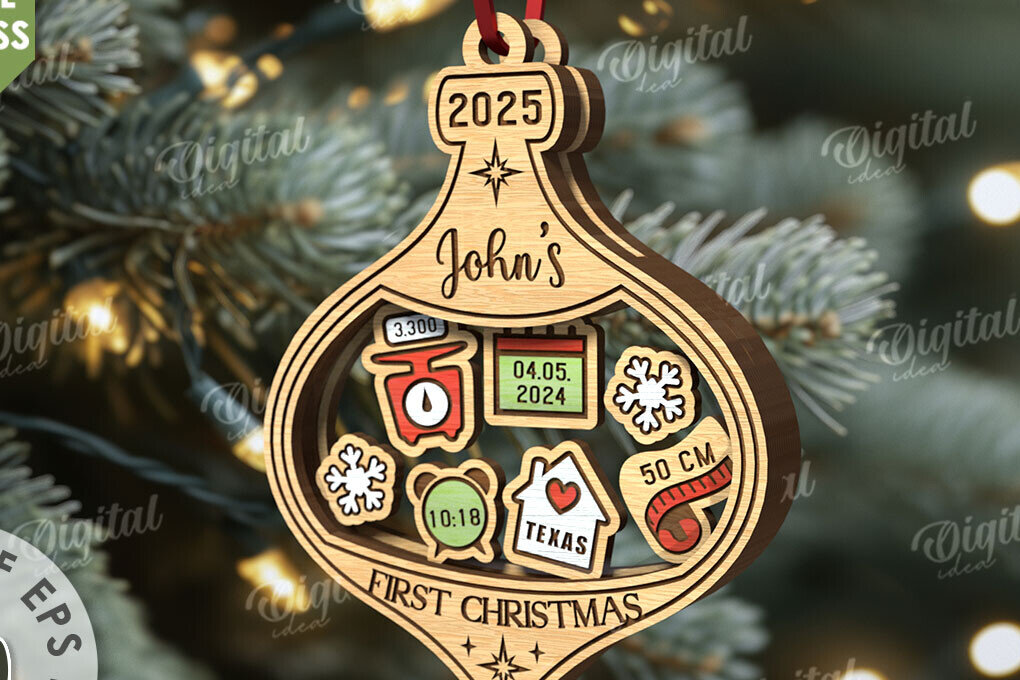 Σετ των 3 Intra απο ξύλο plywood 3mm-4mm πάχος Πρώτο χριστουγεννιάτικο στολίδι μωρού με λέιζερ Δίασταση 8x8 cm INTRAFABR-110676321