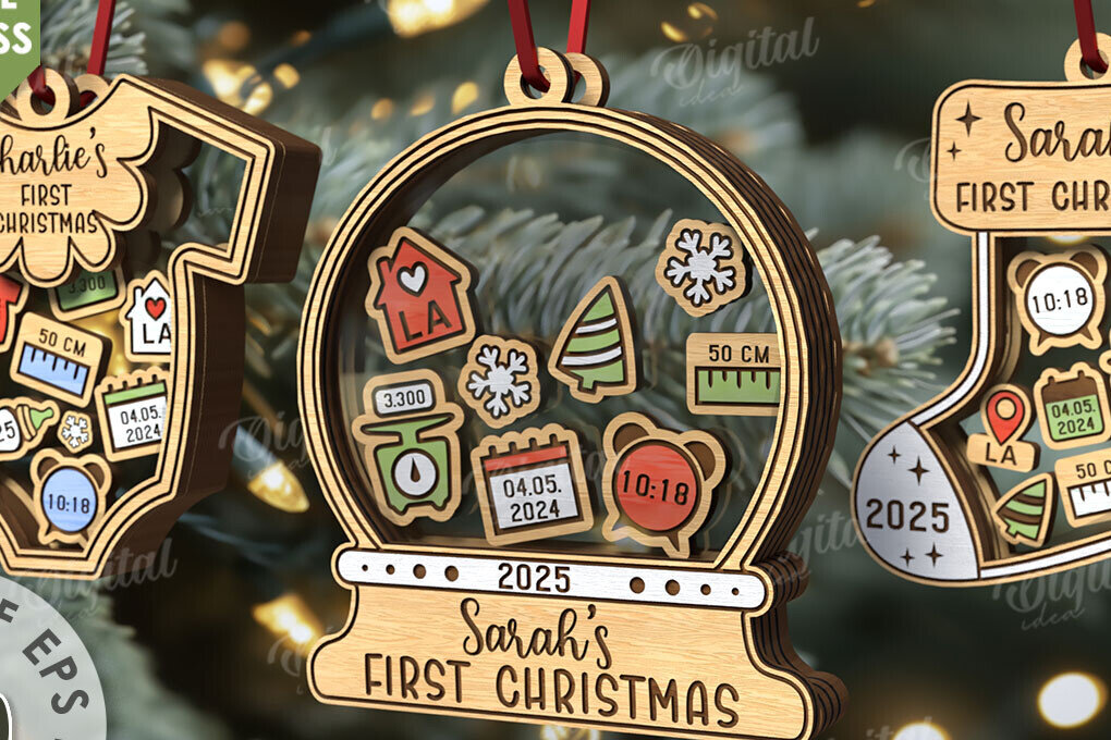 Σετ των 3 Intra απο ξύλο plywood 3mm-4mm πάχος λέιζερ Baby First XMas Ornaments Δίασταση 8x8 cm INTRAFABR-110746037