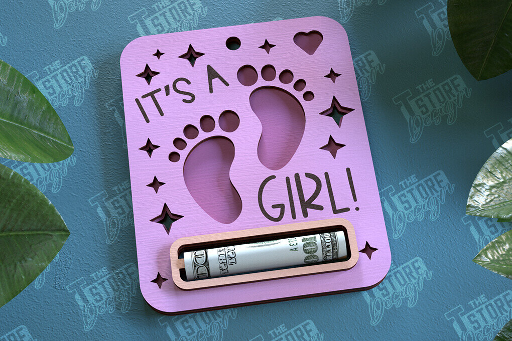 Σετ των 2 Intra απο ξύλο plywood 3mm-4mm πάχος Μωρό κορίτσι Χρηματική Κάρτα | Ευχετήρια κάρτα|CNC Δίασταση 10x20 cm INTRAFABR-97158394