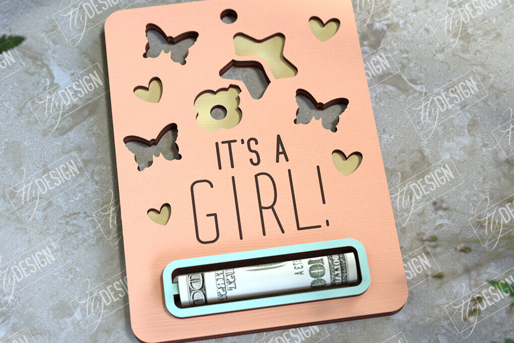 Σετ των 2 Intra απο ξύλο plywood 3mm-4mm πάχος Μωρό κορίτσι Χρηματική Κάρτα | Ευχετήρια κάρτα|CNC Δίασταση 10x20 cm INTRAFABR-97156828