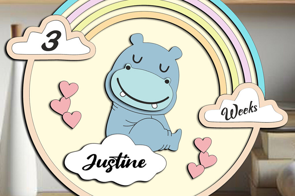 Σετ των 3 Intra απο ξύλο plywood 3mm-4mm πάχος Δώρο για νεογέννητο Baby Hippo Milestones Board Δίασταση 9x9 cm INTRAFABR-102609493