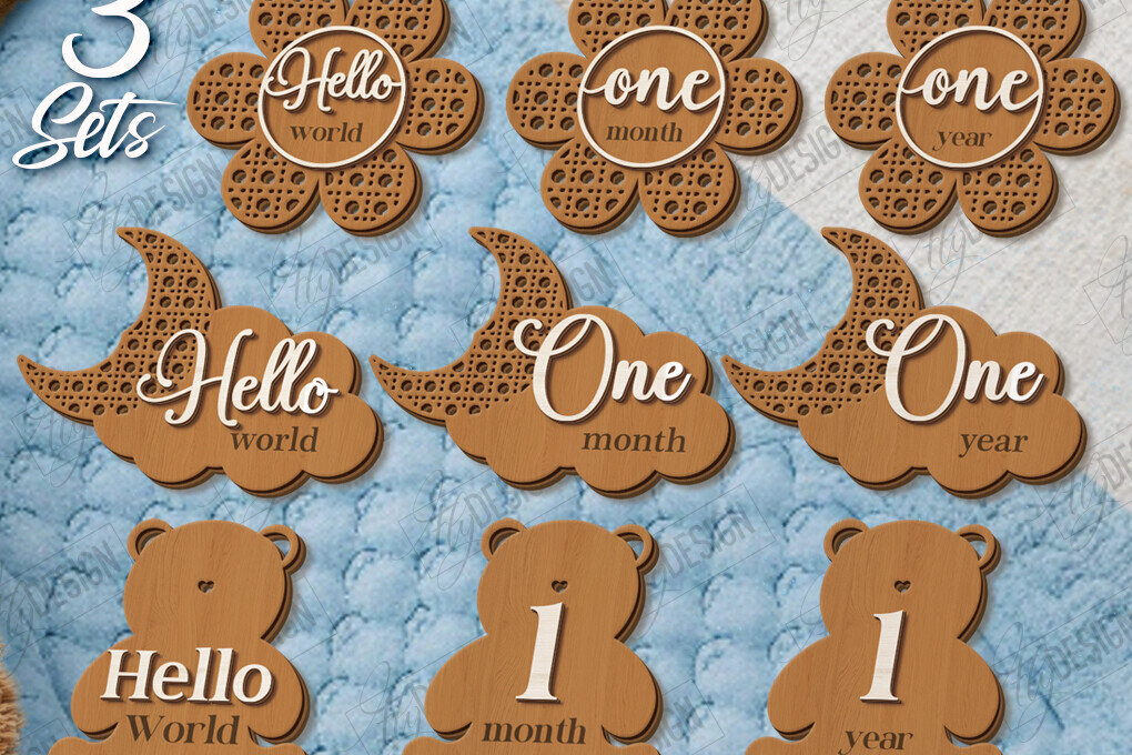 Σετ των 2 Intra απο ξύλο plywood 3mm-4mm πάχος Baby Milestone | CNC Δίασταση 15x15 cm INTRAFABR-123844247