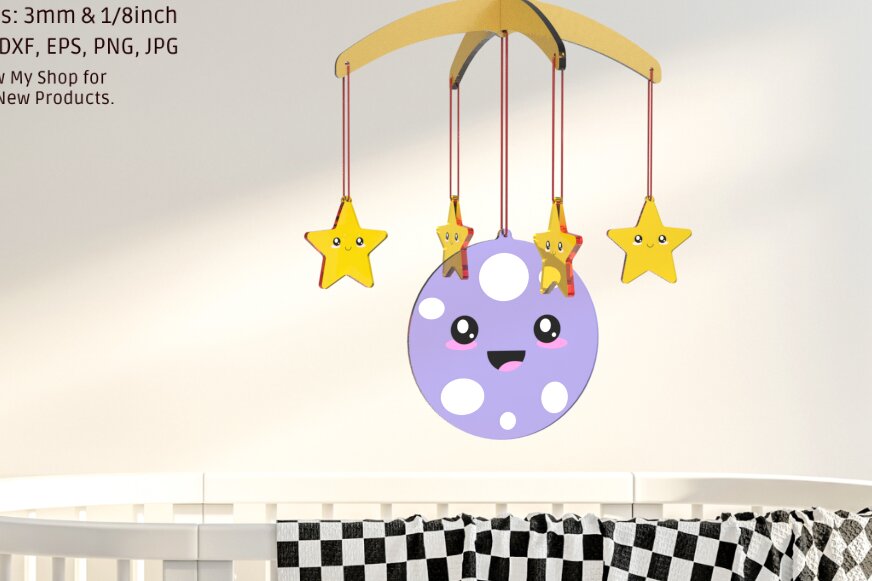 Σετ των 2 Intra απο ξύλο plywood 3mm-4mm πάχος Baby Mobile Moon and Star | | Λέιζερ Δίασταση 15x15 cm INTRAFABR-84402638