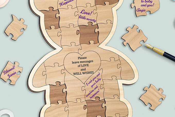 Σετ των 3 Intra απο ξύλο plywood 3mm-4mm πάχος Baby Shower Puzzle Βιβλίο επισκεπτών Bear  Δίασταση 9x9 cm INTRAFABR-103439889