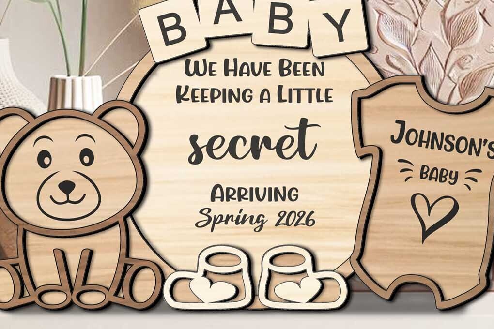 Intra απο ξύλο plywood 3mm-4mm πάχος Ανακοίνωση Baby Surprise Sign Bear Δίασταση 30x20 cm INTRAFABR-120773921