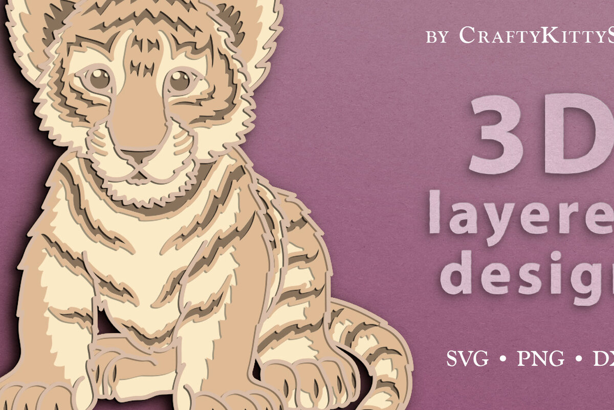 Σετ των 3 Intra απο ξύλο plywood 3mm-4mm πάχος αποκοπής 3D Layered Baby Tiger Δίασταση 7x7 cm INTRAFABR-62907539
