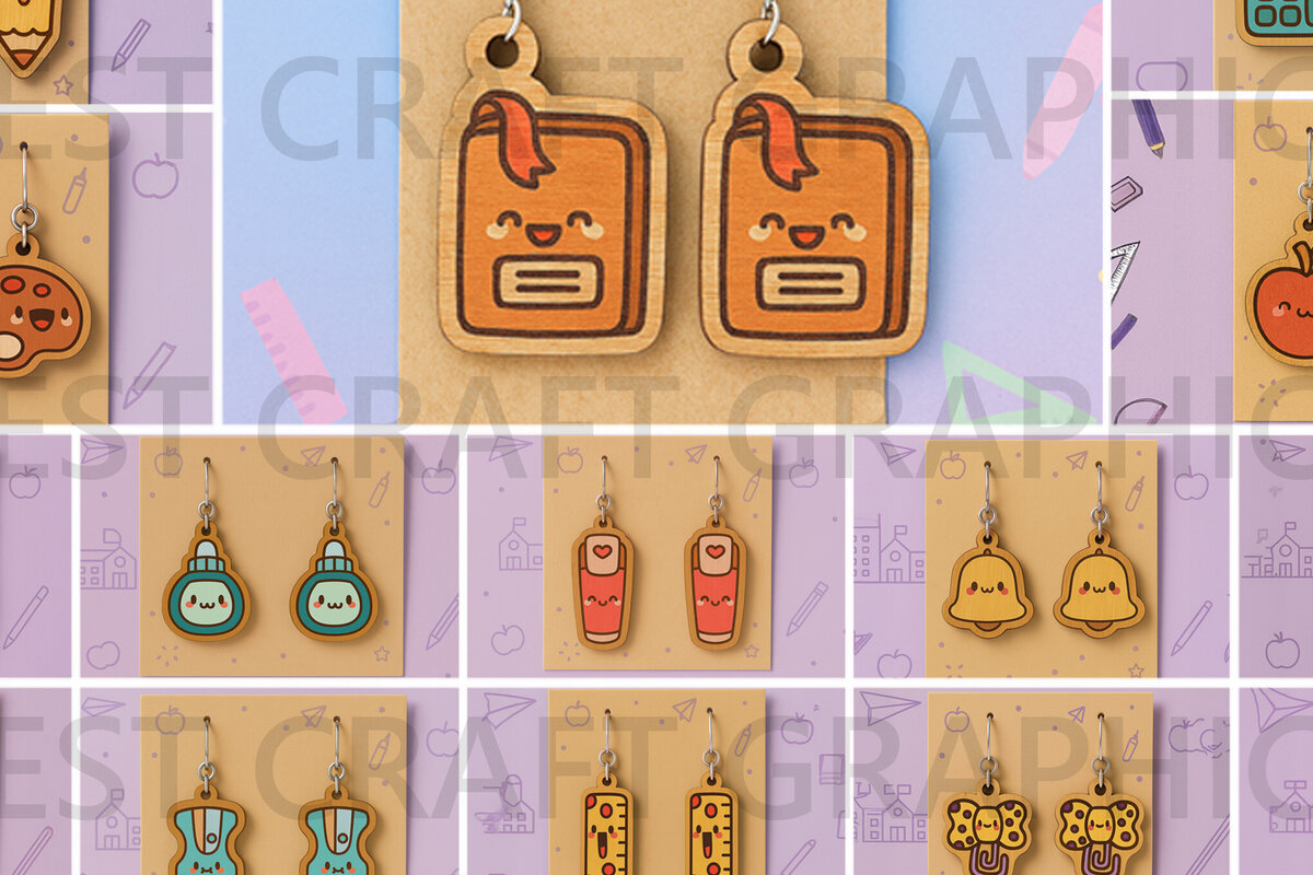 Σετ των 3 Intra απο ξύλο plywood 3mm-4mm πάχος με σκουλαρίκια Back to School Δίασταση 3x3 cm INTRAFABR-125208692