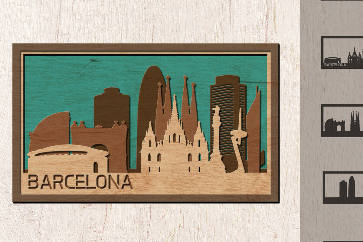 Σετ των 2 Intra απο ξύλο plywood 3mm-4mm πάχος Barcelona Skyline , Multi-layer Δίασταση 30x20 cm INTRAFABR-14910693