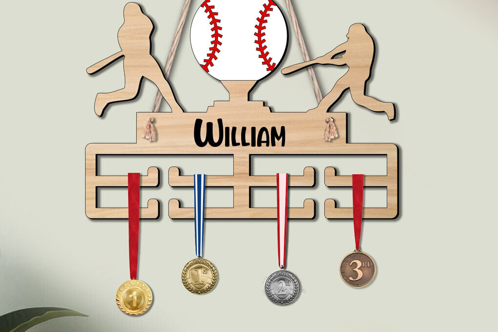 Σετ των 2 Intra απο ξύλο plywood 3mm-4mm πάχος Επίδειξη κρεμάστρας αθλητικών μεταλλίων του Baseball Man Δίασταση 15x15 cm INTRAFABR-119993448