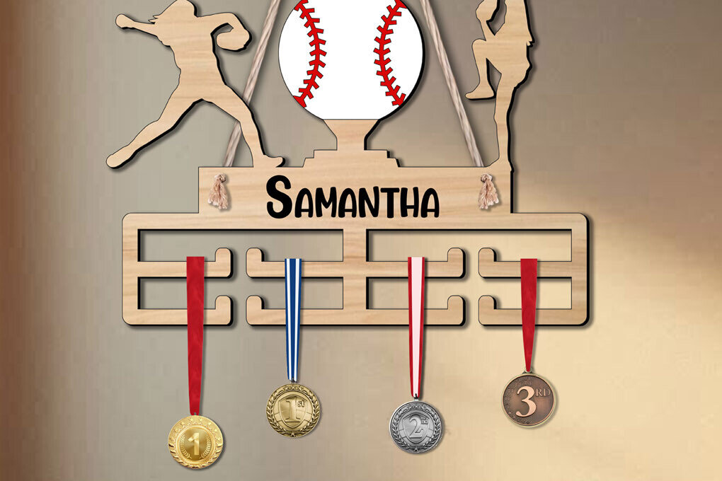 Σετ των 2 Intra απο ξύλο plywood 3mm-4mm πάχος Κρεμάστρα αθλητικών μεταλλίων Baseball Woman Δίασταση 15x15 cm INTRAFABR-119993473