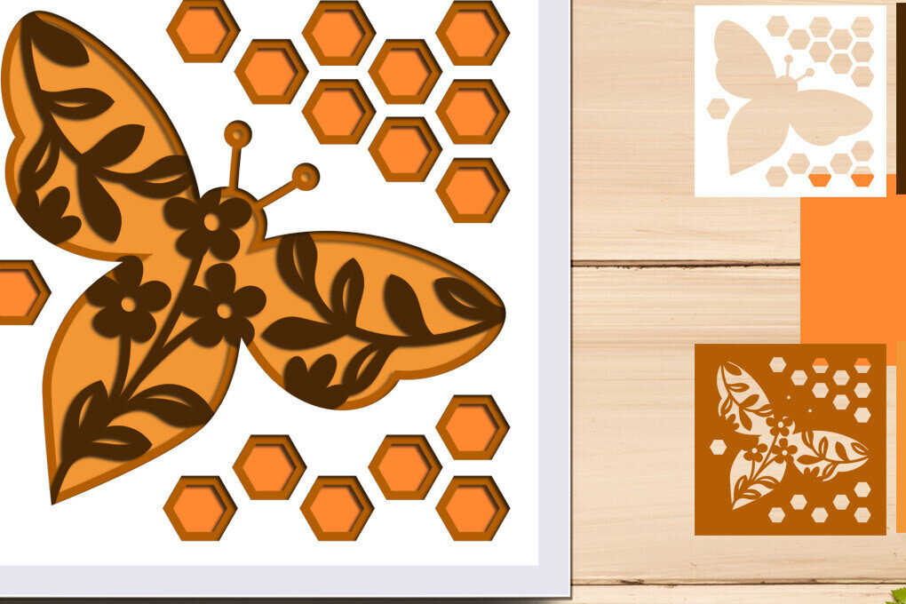 Σετ των 3 Intra απο ξύλο plywood 3mm-4mm πάχος Bee Shadow Box , 3d Bee Layered Δίασταση 8x8 cm INTRAFABR-97259149