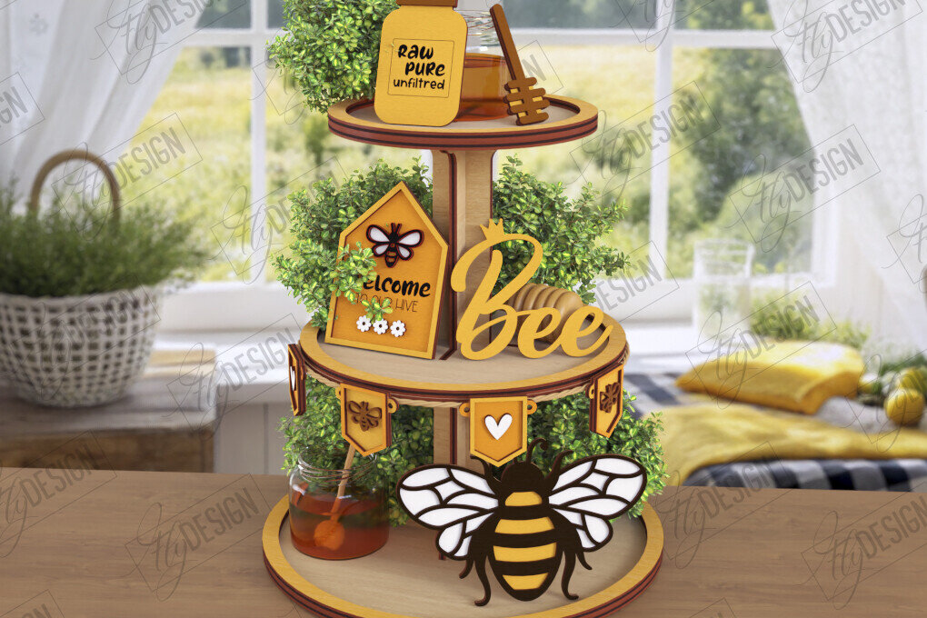 Σετ των 2 Intra απο ξύλο plywood 3mm-4mm πάχος δίσκου με κλιμάκωση μελισσών | Στρογγυλό σταντ Δίασταση 15x15 cm INTRAFABR-123495154