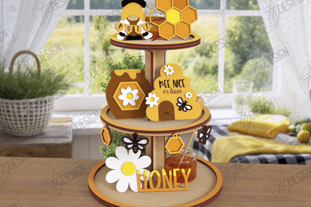 Σετ των 2 Intra απο ξύλο plywood 3mm-4mm πάχος δίσκου με κλιμάκωση μελισσών | Στρογγυλό σταντ Δίασταση 15x15 cm INTRAFABR-123495152