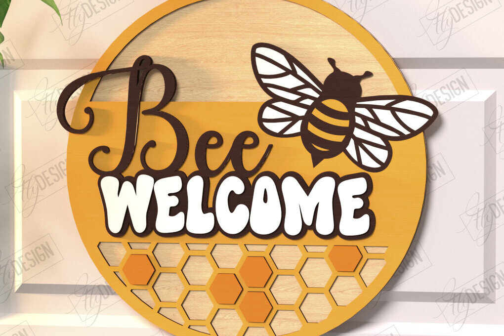 Intra απο ξύλο plywood 3mm-4mm πάχος Bee Welcome Sign Cut  | Σημάδι πόρτας Δίασταση 30x20 cm INTRAFABR-123502369