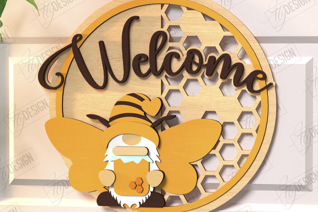 Intra απο ξύλο plywood 3mm-4mm πάχος Bee Welcome Sign Cut  | Σημάδι πόρτας Δίασταση 30x20 cm INTRAFABR-123502366