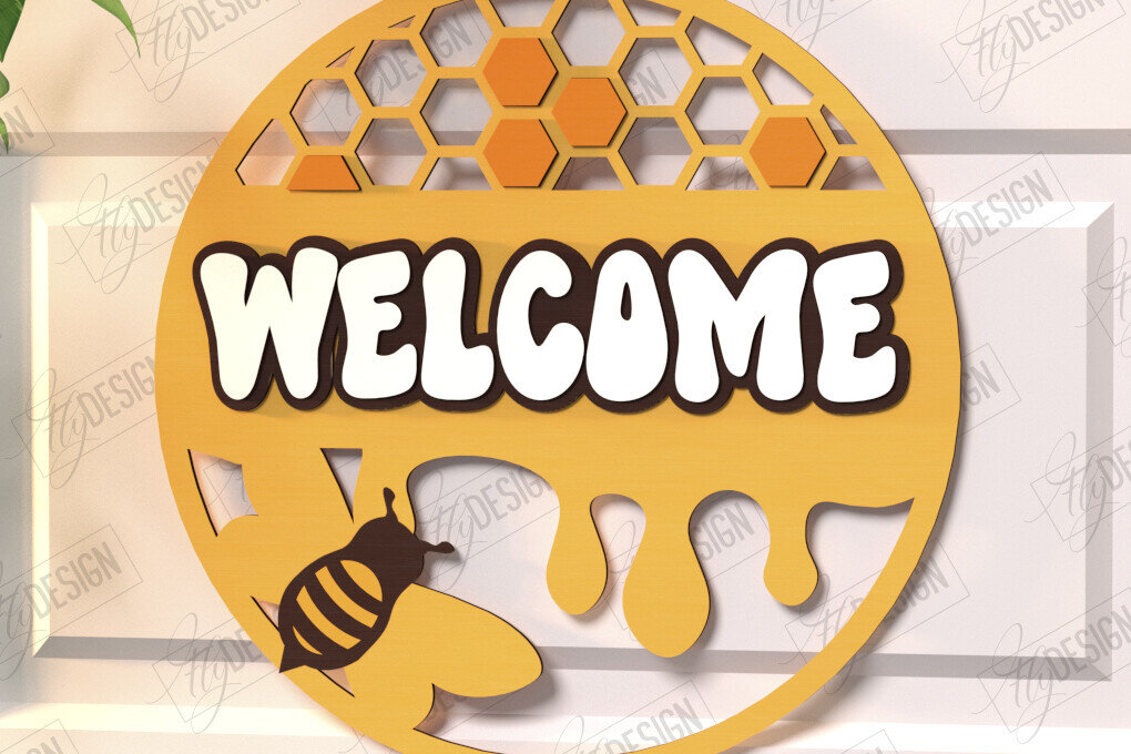 Intra απο ξύλο plywood 3mm-4mm πάχος Bee Welcome Sign Cut  | Σημάδι πόρτας Δίασταση 30x20 cm INTRAFABR-123502373