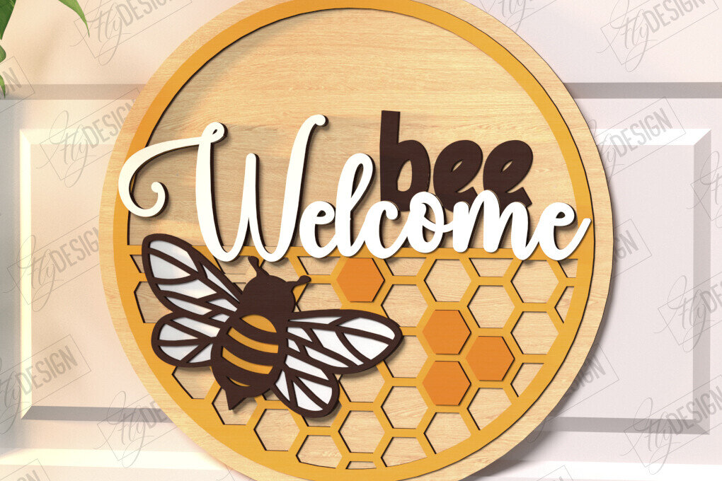 Intra απο ξύλο plywood 3mm-4mm πάχος Bee Welcome Sign Cut  | Σημάδι πόρτας Δίασταση 30x20 cm INTRAFABR-123502365