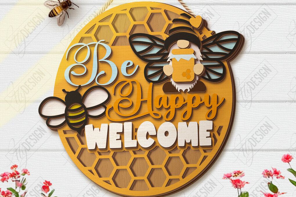 Σετ των 2 Intra απο ξύλο plywood 3mm-4mm πάχος Bee Welcome Sign Cut  | Επιγραφές τοίχου Δίασταση 30x20 cm INTRAFABR-123423998