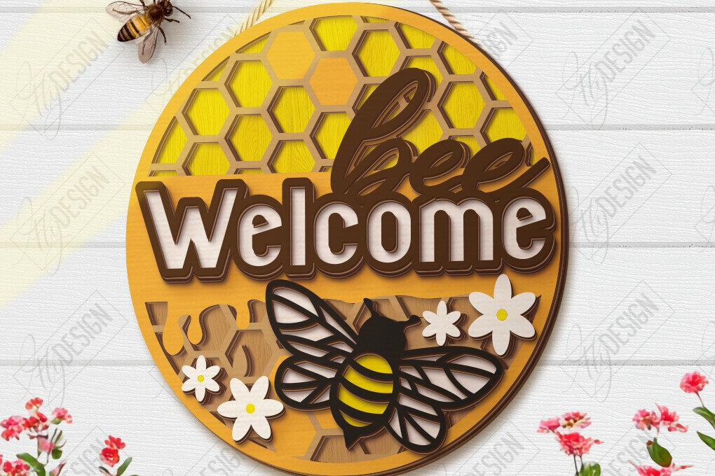 Σετ των 2 Intra απο ξύλο plywood 3mm-4mm πάχος Bee Welcome Sign Cut  | Επιγραφές τοίχου Δίασταση 30x20 cm INTRAFABR-123423982