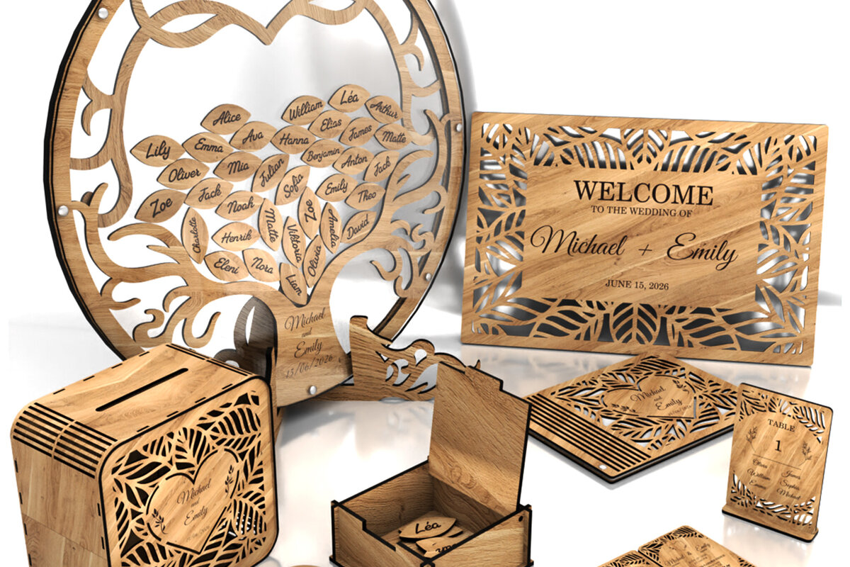 Σετ των 3 Intra απο ξύλο plywood 3mm-4mm πάχος κοπής με  BIG WEDDING Δίασταση 3x3 cm INTRAFABR-123372531